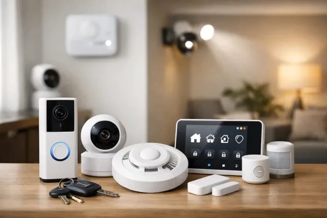 A full home security system — cameras, doorbell, sensors and control panel in a modern living room